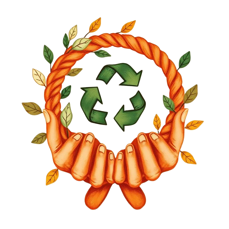 Hands cradling braids inside a circular wreath of leaves and recycling arrows